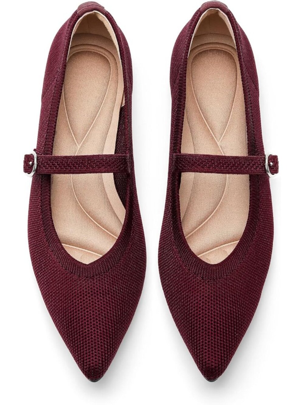Women Wine Red Knit Flats Pointed Tip Casual Ballet Flat Shoes with Ankle Strap